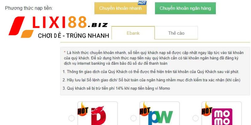 Nạp tiền vô cùng đơn giản với những tân thủ trong lần đầu tham gia Lixi888