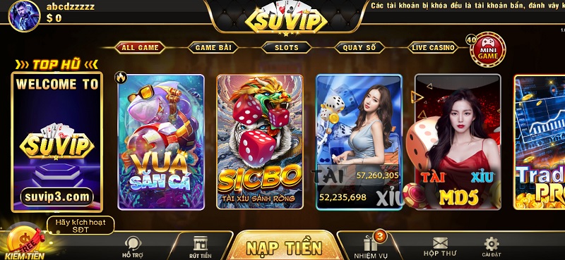 Giao diện thu hút người nhìn của cổng game Suvip